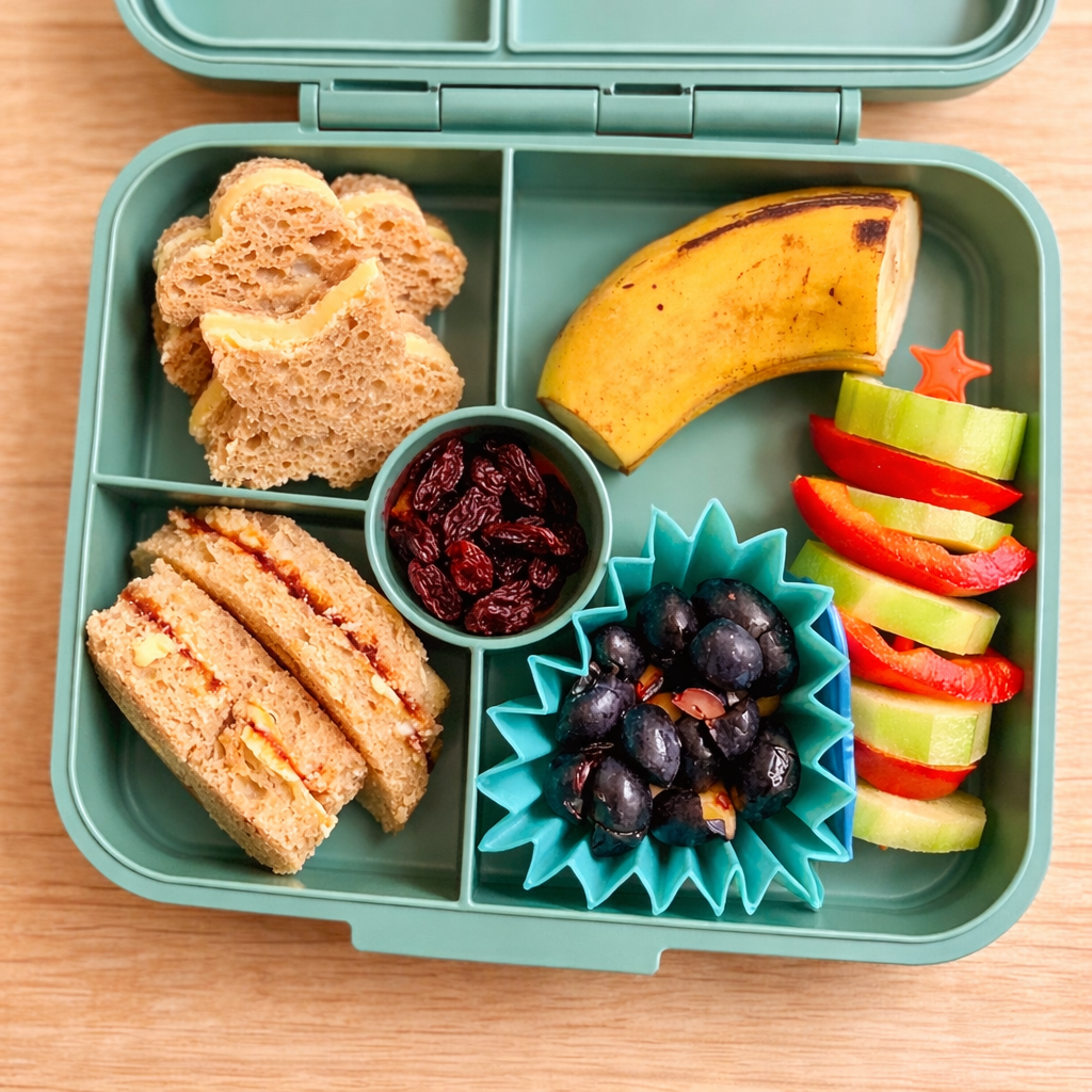 Mini Sandwiches aus ausgestochenem Brot in der Brotdose für Kinder